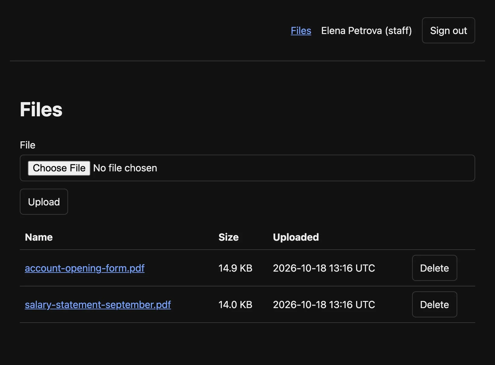 Files page signed in as Elena Petrova, staff: only her own two files are listed.